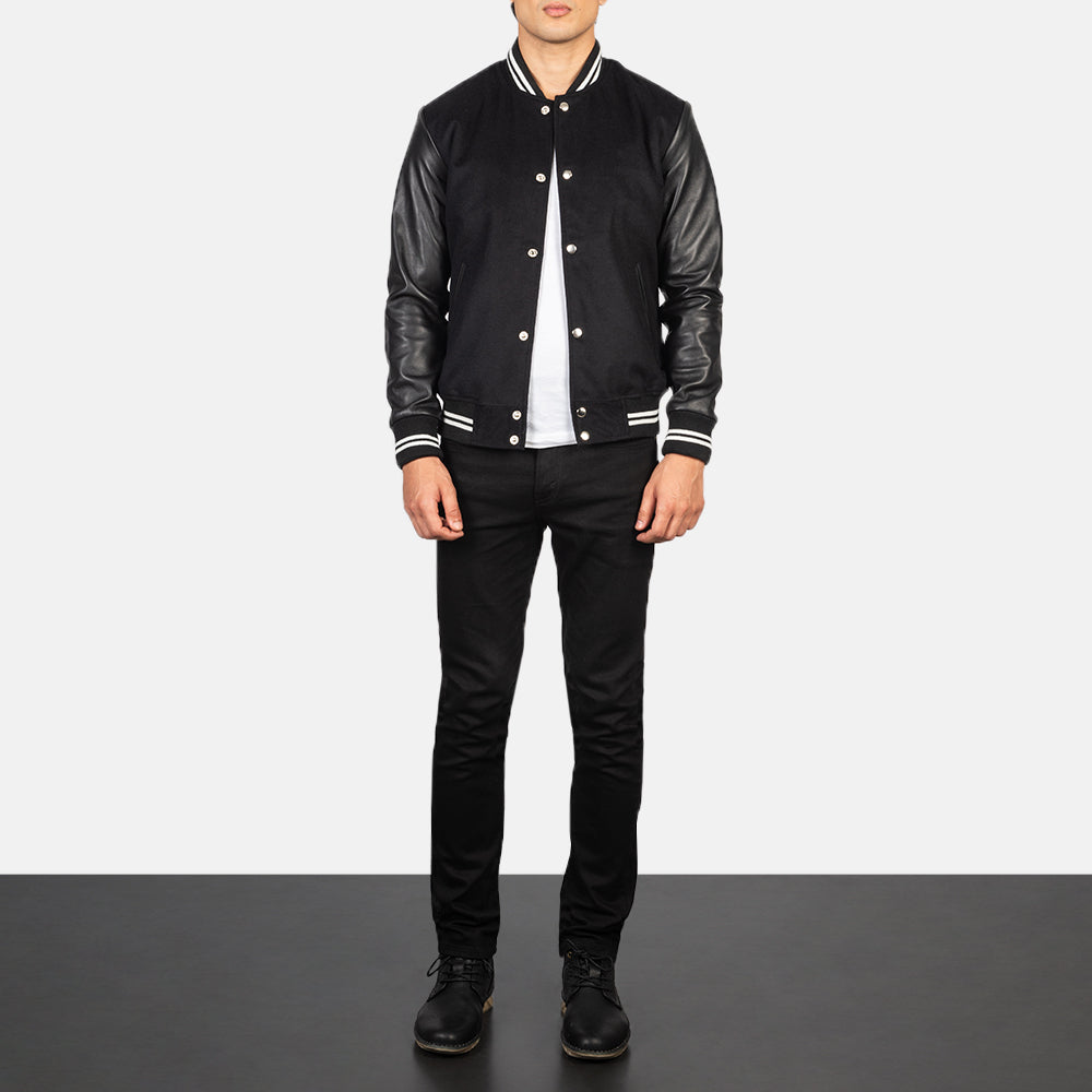 
Men's Vaxton Black Striped Hybrid Varsity Jacket - Lateral Side Profile View Showing Sleeve Cut & Athletic Taper Fit