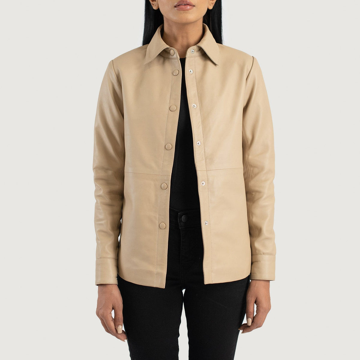 
Women's Zenith Beige Leather Shirt Jacket in Beige Sheepskin Leather - Front Profile View & Tailored Silhouette | Buy Online